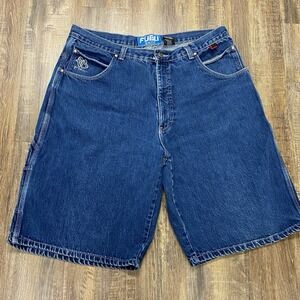FUBU The Collection Jorts 40 Y2K Dark Blue Cargo Carpenter Baggy Embroidery Wide